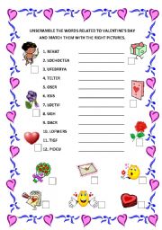 English Worksheet: Valentines Day Unscramble