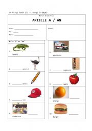 English worksheet: Article A/An