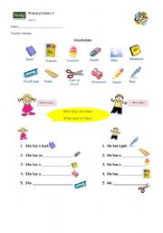 English Worksheet: School objects and verb to have