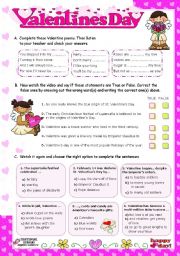 English Worksheet: Valentines Day  -   Listening activities  (video from youtube)