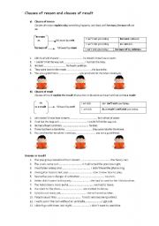 English Worksheet: clauses of reason and result