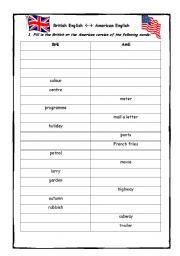 English worksheet:  American English vs. British English 