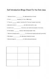 English worksheet: Self Introduction Bingo Sheet For the first class