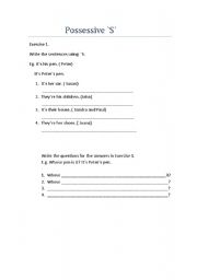 English Worksheet: Possessive  s