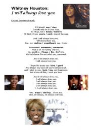 English Worksheet: Whitney Houston: I will always love you (with KEY and youtube link)