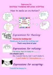 English Worksheet: Expressions for inviting,thanking,refusing and accepting.