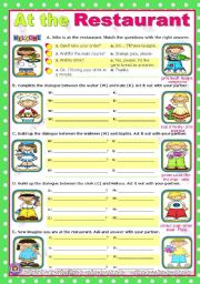 English Worksheet: At the restaurant  -  easy, short dialogues