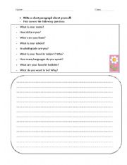 English Worksheet: Writing a short paragraph about yourself