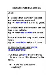 English Worksheet: PRESENT PERFECT SIMPLE - USEFUL EXPLANATION