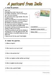 English Worksheet: postcard from India (reading comprehension)