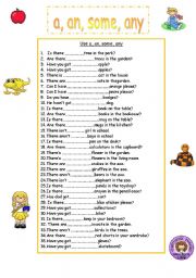 English Worksheet:   Countable Nouns ....a, an, some, any --There is, there are