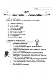 English Worksheet: Test   Countables - Uncountables  