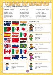 English Worksheet: COUNTRIES AND NATIONALITIES (COLOUR + B/W)