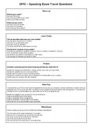 English worksheet: OPIC Speaking Exam Travel Questions and Answers