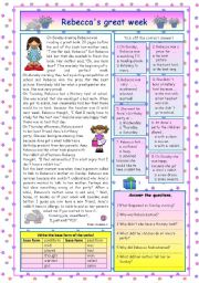 English Worksheet: Rebeccas great week (KEY included)