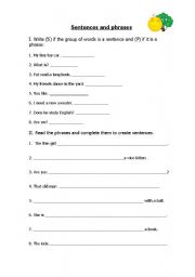 English Worksheet: Sentences and phrases