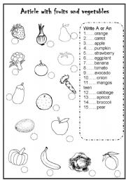 English Worksheet: article with fruits and vegetables
