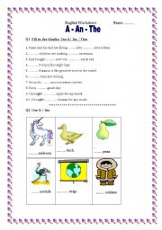 English worksheet: a- an - the