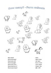 English Worksheet: Farm animals - how many? color them