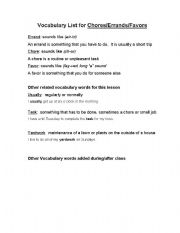 English Worksheet: Vocabulary List for Chores/Errands/Favors