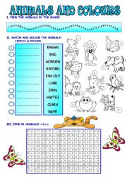 English Worksheet: ANIMALS AND COLOURS