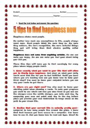 English Worksheet: 5 tips to find happiness