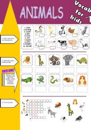 English Worksheet: Animals - vacabulary exercises for children
