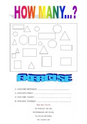 English worksheet: NUMBERS, COLOURS AND GEOMETRIC FIGURE