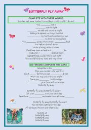 SONG WORKSHEET: BUTTERFLY FLY AWAY