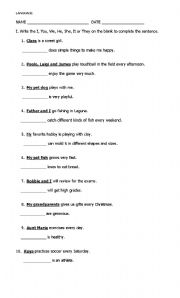 English worksheet: PRONOUNS, ADJECTIVES, HAS OR HAVE