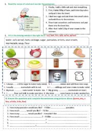 English Worksheet: Food (recipe of salad / verbs of cooking / how much_how many