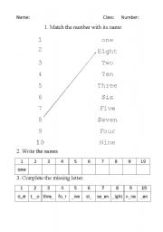 English Worksheet: Numbers 1 to 10