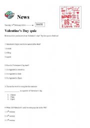 English worksheet: valentines quiz with solutions