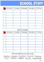 English Worksheet: School Stuff: Timetables + Cards for labeling and games