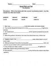 English worksheet: Sarah, Plain and Tall Vocabulary Test
