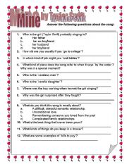 English Worksheet: Taylor Swift Mine- follow up questions