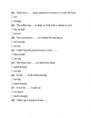 English worksheet: too and much