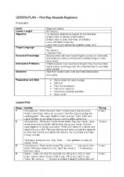 English Worksheet: First Day - Absolute Beginners