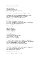 English Worksheets Lyrics Dear Mr President