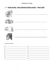 English worksheet: Greetings and time