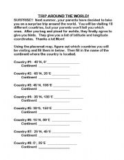 English worksheet: Trip around the World - Latitude and Longitude 