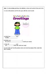 English worksheet: Activity about greetings, the alphabet, colours and numbers from one to ten