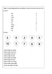 English worksheet: Activity about greetings, the alphabet, colours and numbers from one to ten
