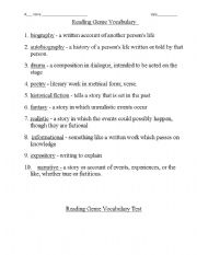 English worksheet: Reading Genre Vocabulary