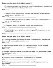 English Worksheet: classroom objects : Reading