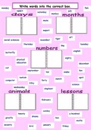 English Worksheet: numbers-days-months-animals-lessons