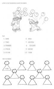 English worksheet: Clowns, colours and numbers.