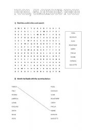 English Worksheet: Food Glorious Food - Wordsearch and Matching Exercise