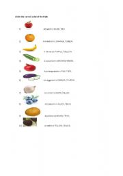 English worksheet: circle the correct color of the fruits