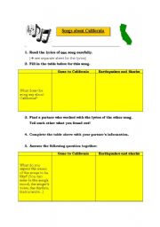 English worksheet: Songs about California - a partner activity (with lyrics and answer key)